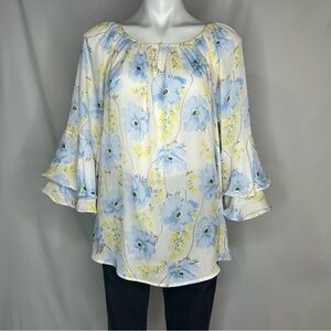 Chaps Floral Ruffle Sleeve Peasant Top, Large